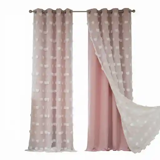 MYSKY HOME pink blackout curtains with pom pom sheer overlay for girls room